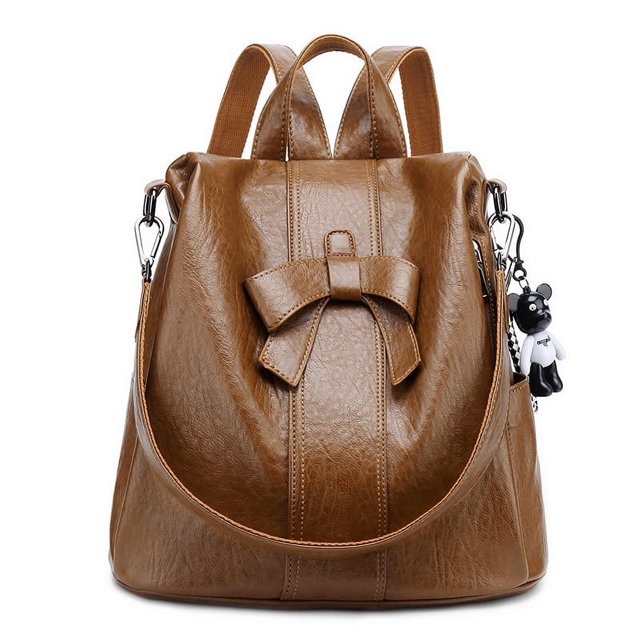 Mochila de cuero suave con costuras para mujer Mochila para portátil Bolso de viaje Negro