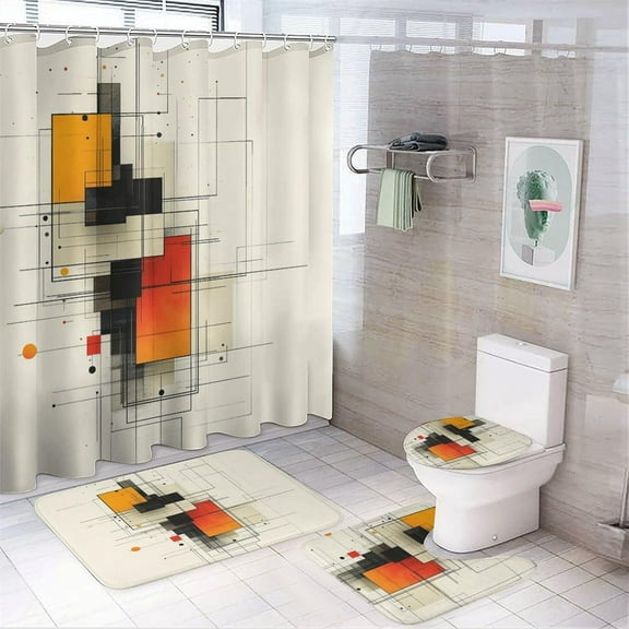 Shower Curtain sets and Bath Mat Set, Autumn Pumpkin Brown Checkered Pattern Printed on Bathroom Shower Curtain and Rug Set, Suitable for Small Bathroom Gym Guest Bath, 72 x 72 inches