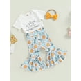 thumbnail image 3 of Wassery 3Pcs Baby Girls Clothes Short Sleeve Round Collar Letters Romper Tops Bell-Bottoms Pants Casual Head Band Outfits 6 12 18 24 Infant Girls Summer Casual Outfit Sets, 3 of 8