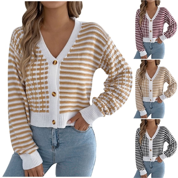 UTSJKR Striped Cropped Cardigan for Women Fall Winter Knit Crop Sweater Jacket Button Down Casual Cute Cardigans Tops Khaki L