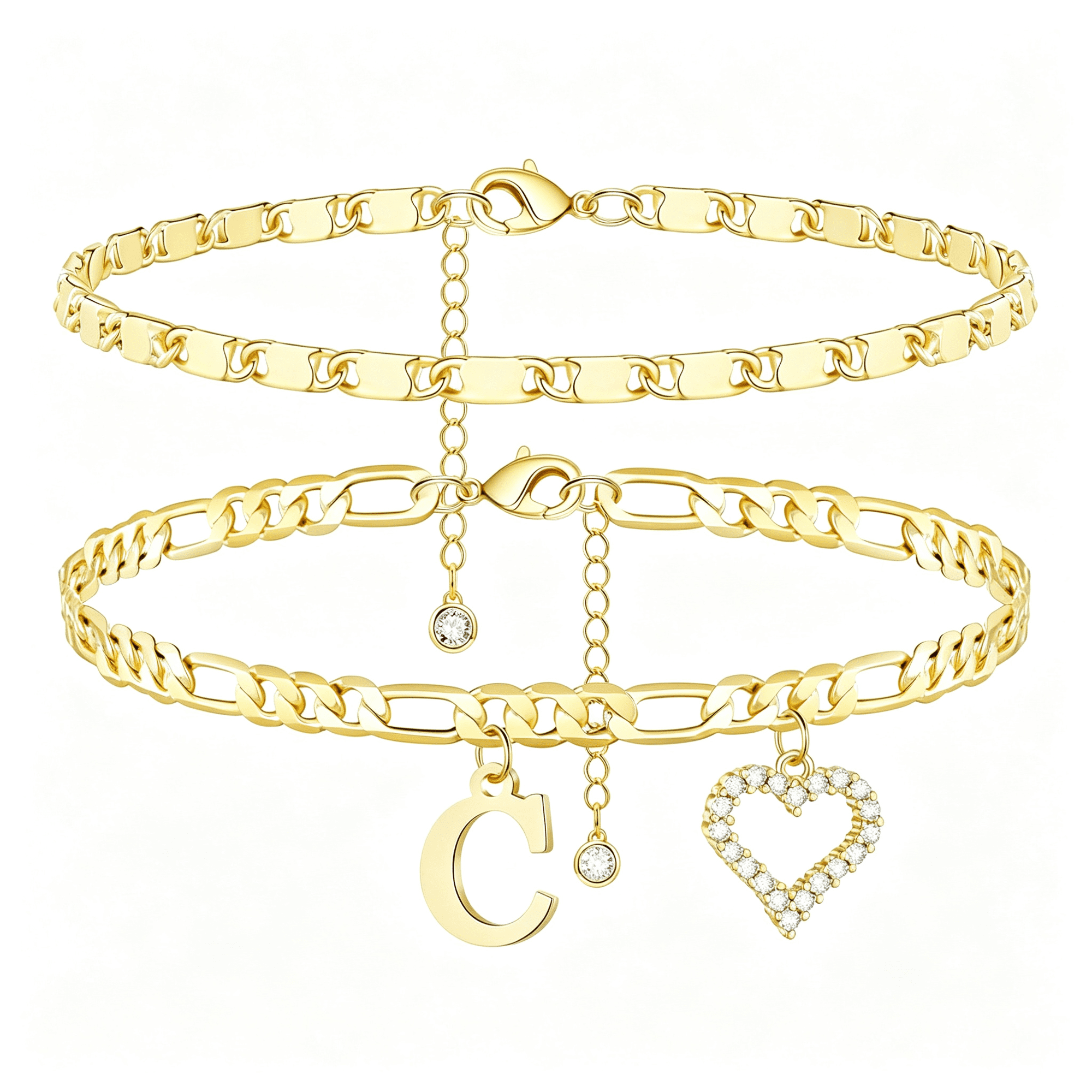 DESIGNICE Initial Ankle Bracelets for Women Waterproof 14K Gold Plated Dainty Layered Figaro Chain Letter Initial Cz Heart Ankle Bracelets Set Summer Beach Jewelry for Women