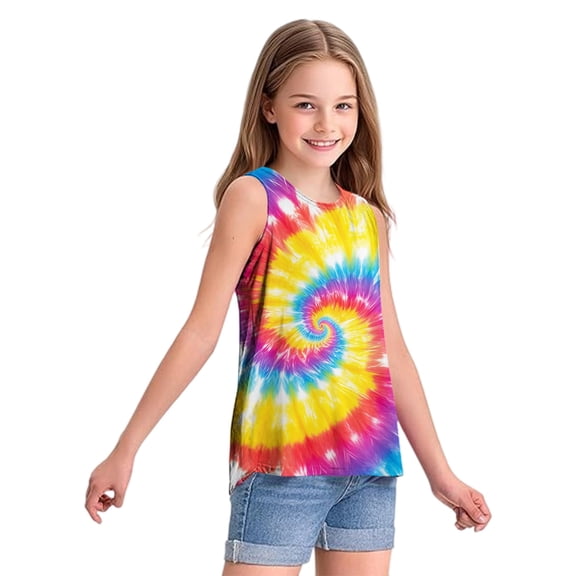 NAFUU Girls Tank Tops Rainbow Spiral Motif Round Neck Vest Casual Party Top For Toddler Kids Loose Fit Soft Tank Tops For Girls 2-3 Years