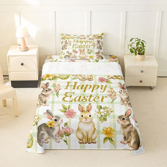 Erosebridal Happy Easter Rabbit Twin Sheet Sets,Retro Watercolor Easter Eggs Bedding For Girls Kids 3pcs