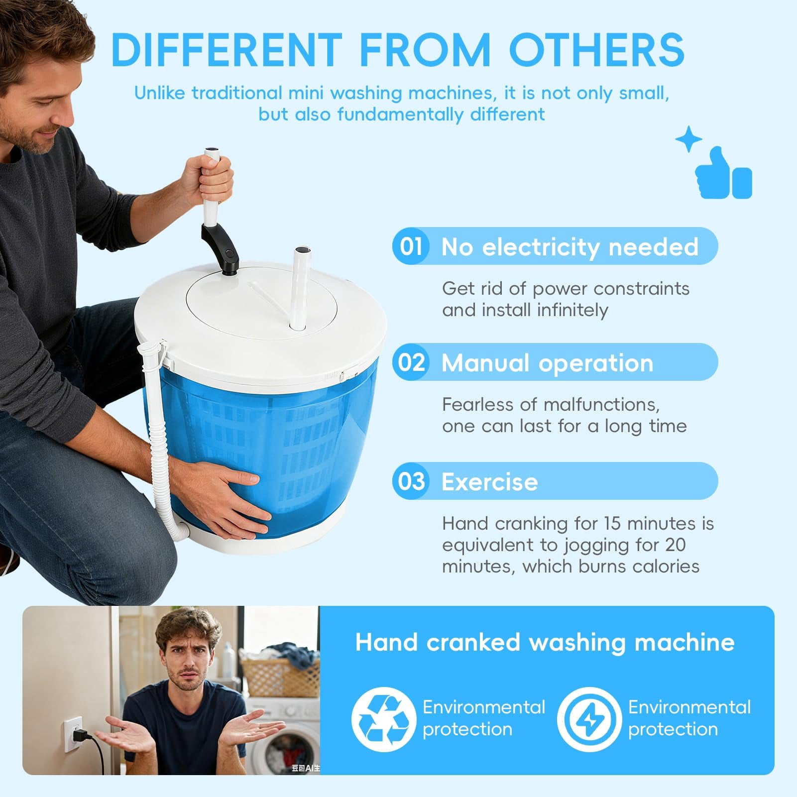 2 in 1 Portable Manual Washing Machine – Mini Hand Crank Washer & Spin Dryer, Non-Electric Compact Laundry Washer for Camping, Dorm, Apartment, Travel