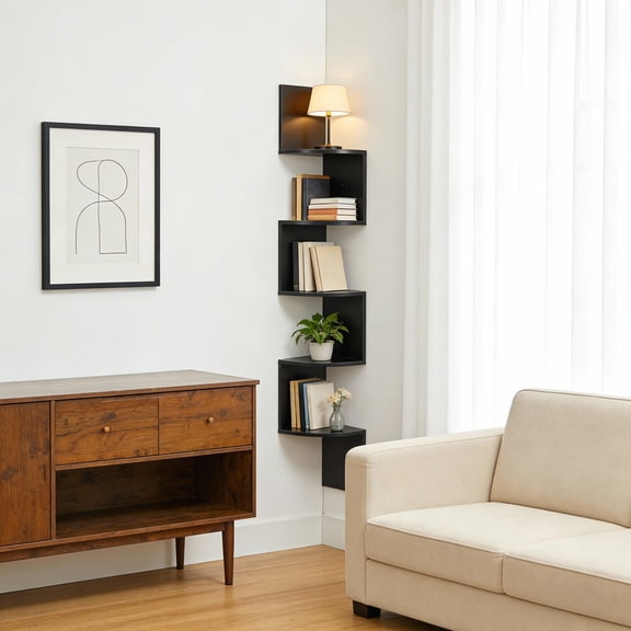 VASAGLE Estantería Esquinero, Estante de Pared flotante de 5 Niveles con Diseño en Zigzag,  Negro