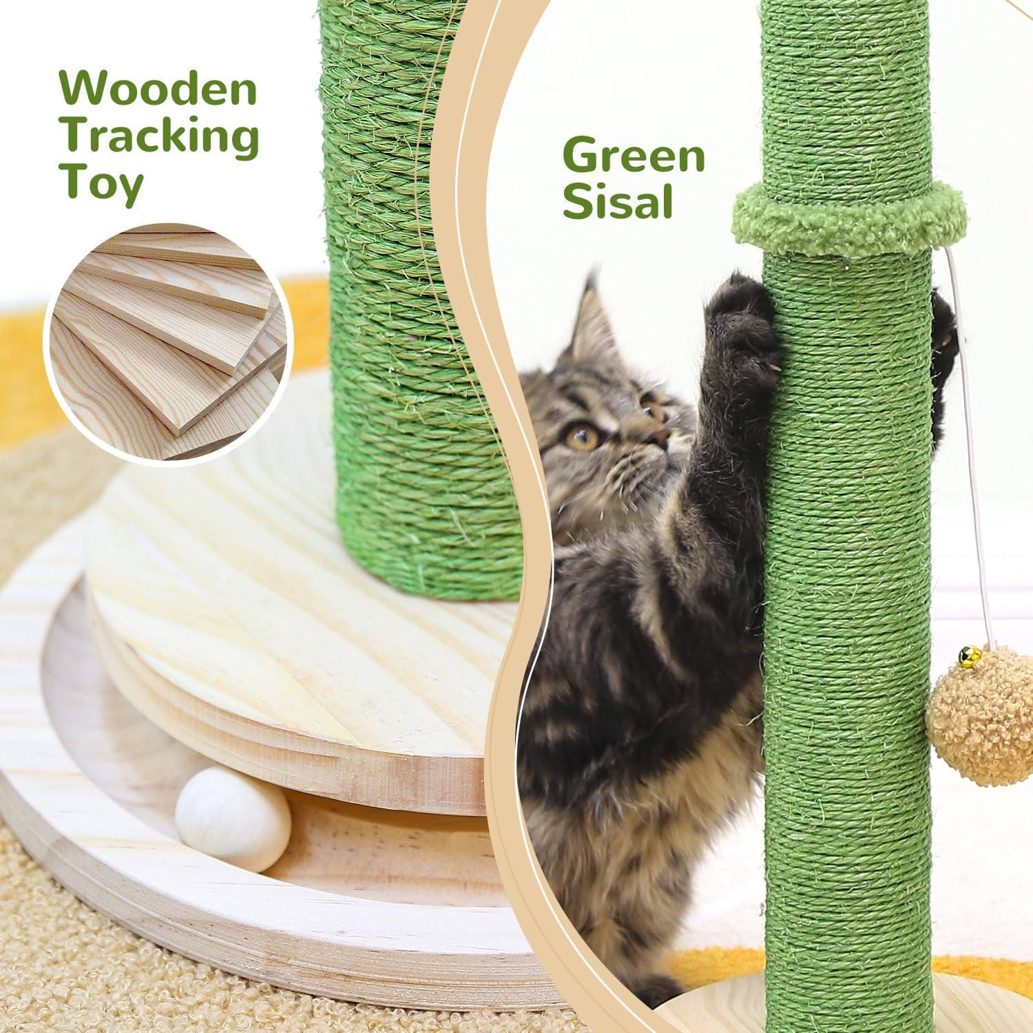 Tall Scratching Post for Cats, Cactus Cat Scratching Post Cat Scratcher Cute Sisal Large Cat Scratching Post with Modern Wooden Ball Tracking Interactive Toys, SC30