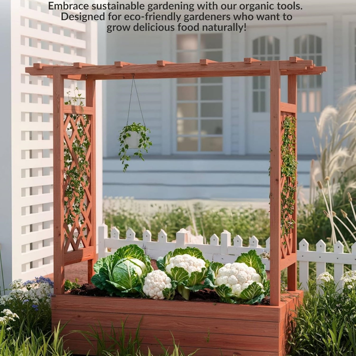 Riedhoff Wooden Raised Garden Bed with Trellis, Hanging Roof & Side Trellis, 79 x 17 x 45"
