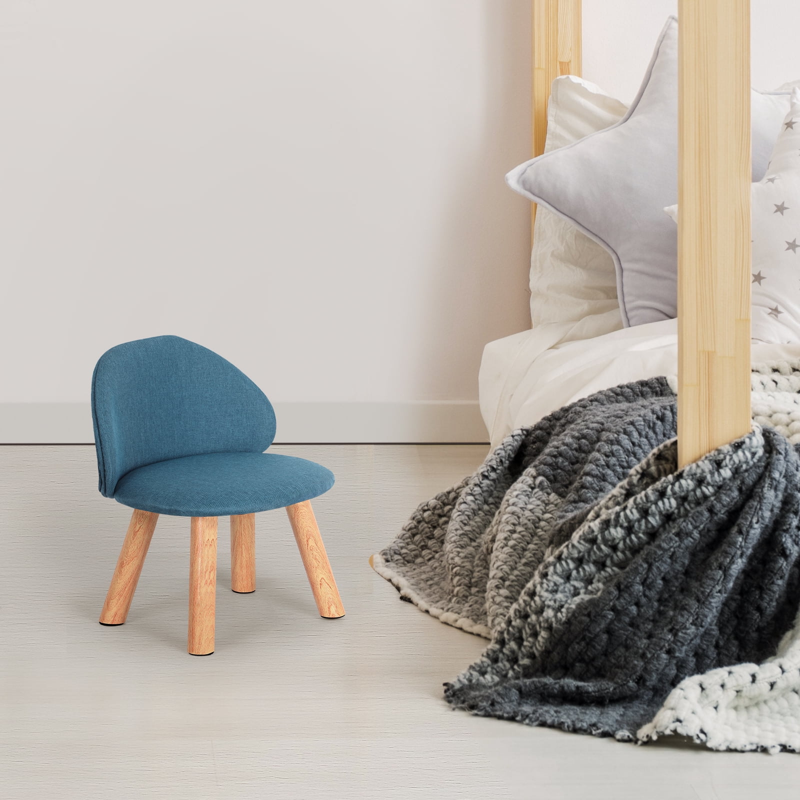 Oumilen Upholstered Kids Indoor Accent Chair with Wooden Legs, Blue Linen