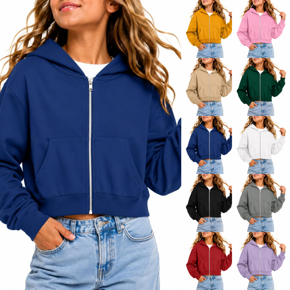 Girls Zip up Hoodie Cropped B Kids Fashion Casual Sweatshirt Tween Solid Color Crop Jackets Fall Tops Pockets Royal Blue 160