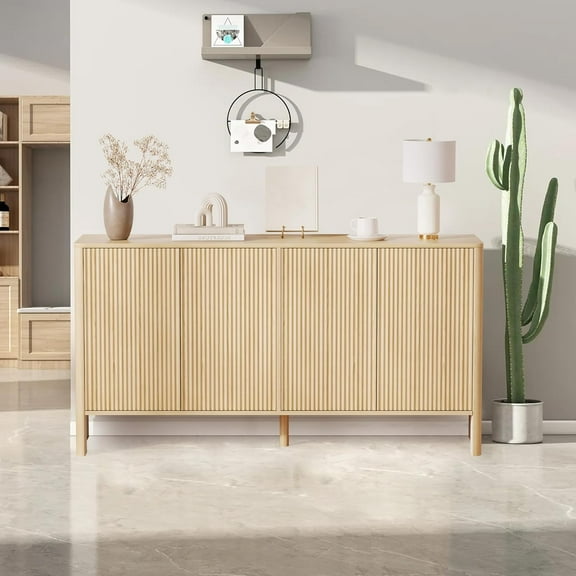 Juiluna 58inch Sideboard Buffets Cabinet, Large Wood Fluted Coffee Bar Cabinet Console Table with 4 Fluted Doors and Storage Adjustable Shelf for Living Room Kitchen Entryway, Natural Oak