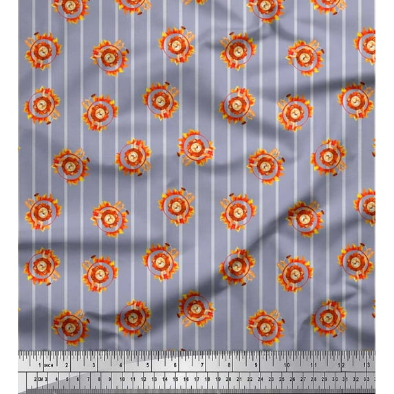 Soimoi Gray Cotton Voile Fabric Stripe,Fire Ring & Lion Cartoon Print Fabric by The Yard 42 Inch Wide