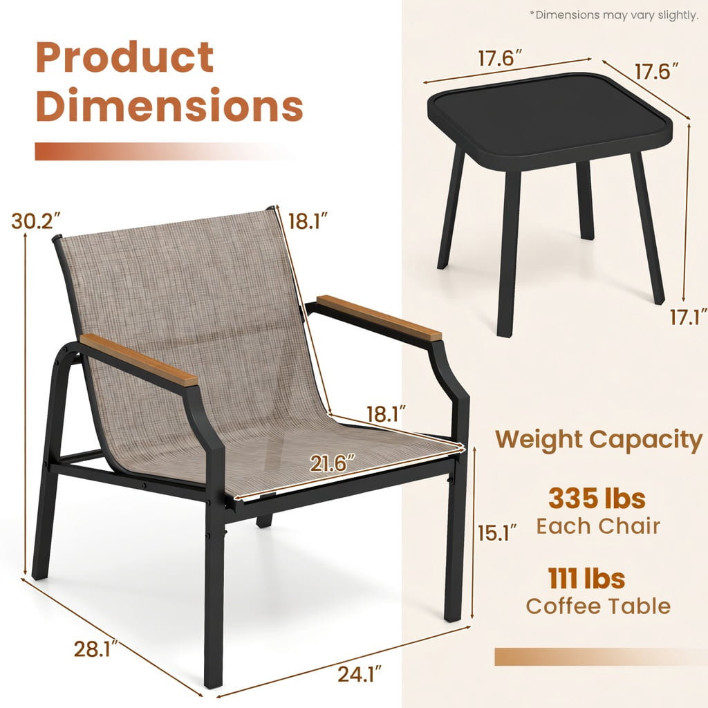 Hommoo 3-Piece Outdoor Patio Furniture Set, 2 Ergonomic Metal Chairs + Tempered Glass Coffee Table, Breathable Fabric Seats, Brown