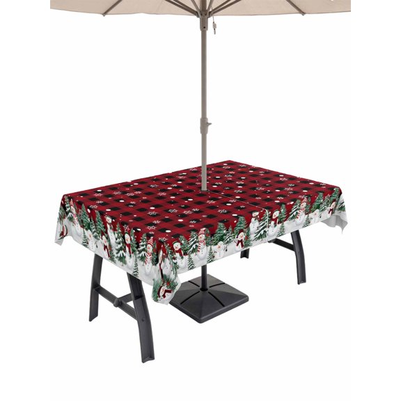 Outdoor Tablecloth with Umbrella Hole and Zipper, Red Christmas Rectangle Table Cloth 60x120 Inch Waterproof Tablecloth, Xmas Snowman Snowflake Green Tree Plaid Picnic Table Cover for Patio Camping