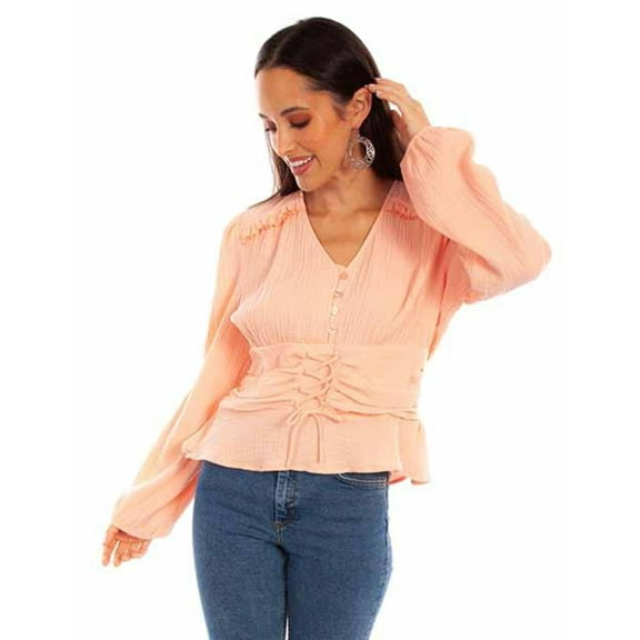 Scully HC848-BLS-M Women Leather Honey Creek Cotton Texture Peplum Top with Lace Up, Blush - Medium