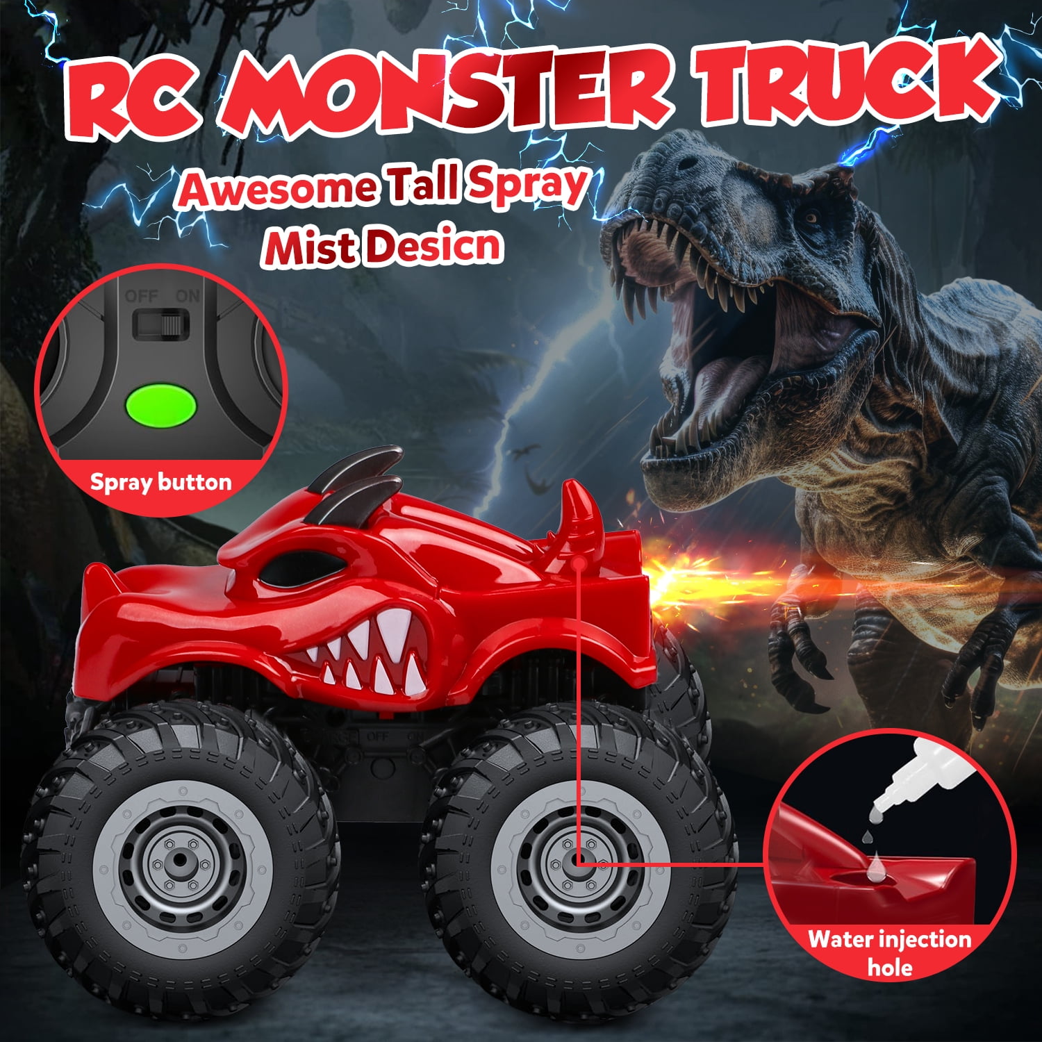 UQN Remote Control Dinosaur Toy Cars for Kids, 2.4 GHz RC Monster Trucks for Boy with Spray, All Terrain RC Dinosaur Car, Christmas Birthday Gifts for ages 3 4 5 4 6 7 8 Boys Toys, Red