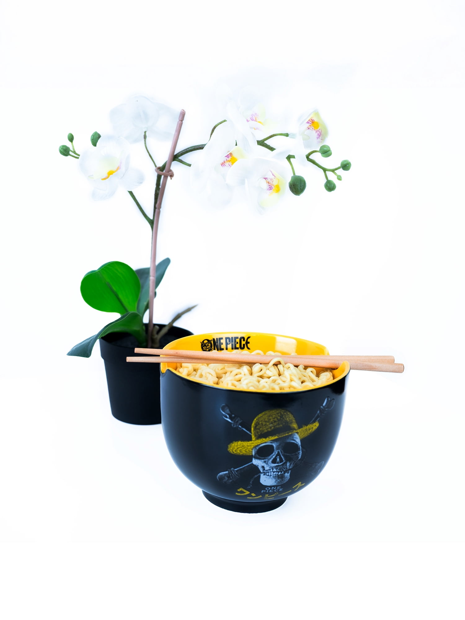 One Piece, Ceramic Noodle Bowl Set with Chopsticks, Black and Yellow