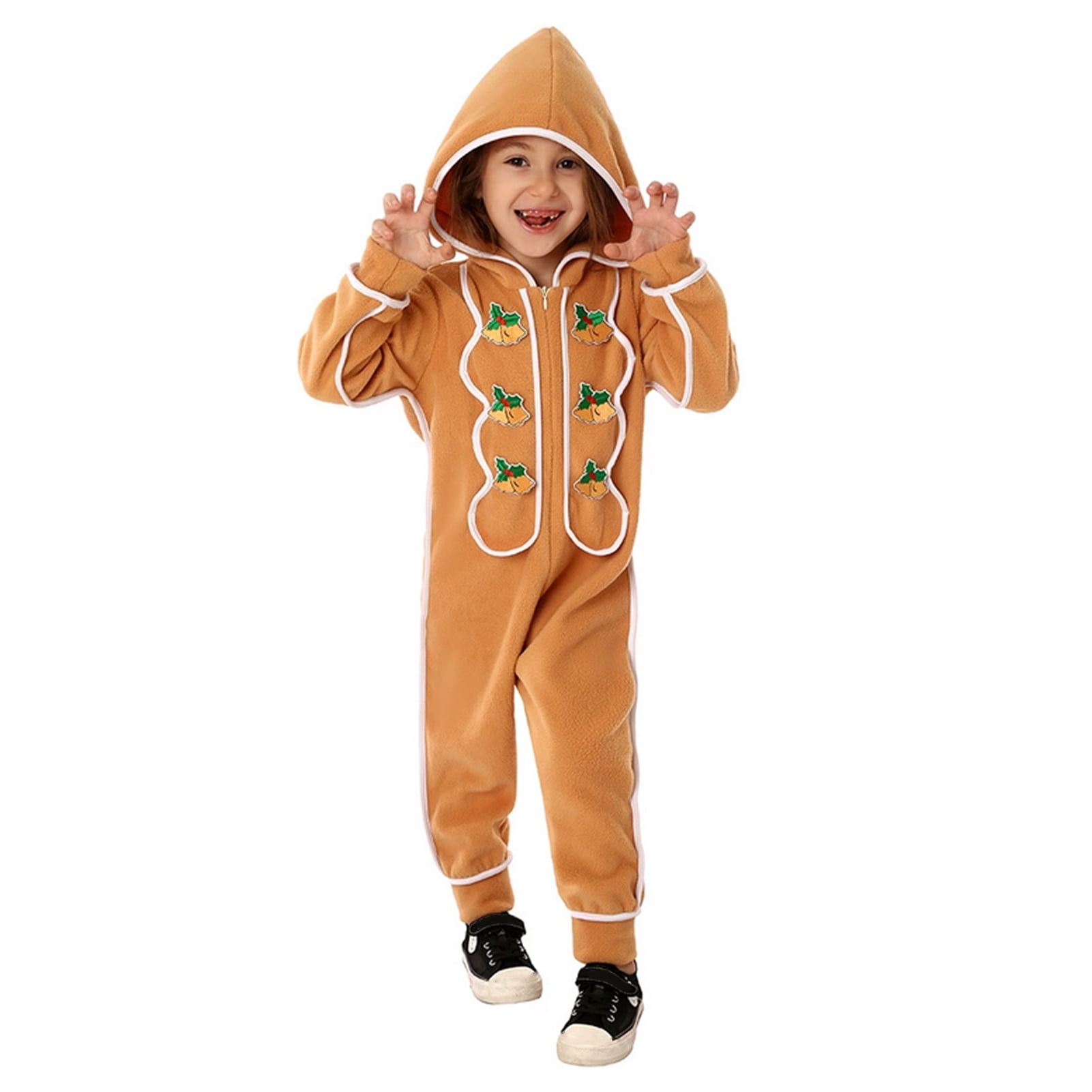 Farfi Christmas Onesie Costume for Kids Gingerbread Man/Santa/Green Elf Cosplay Outfit Unisex Plush Bodysuit for Halloween Christmas Carnival Festival(Green, L)