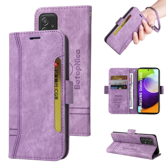 TECH CIRCLE Case for Samsung Galaxy A52 4G/5G,Shockproof Premium PU Leather ID Credit Card Holder Wallet Case Magnetic Flip Kickstand Phone Cover with Hand Strap,Purple