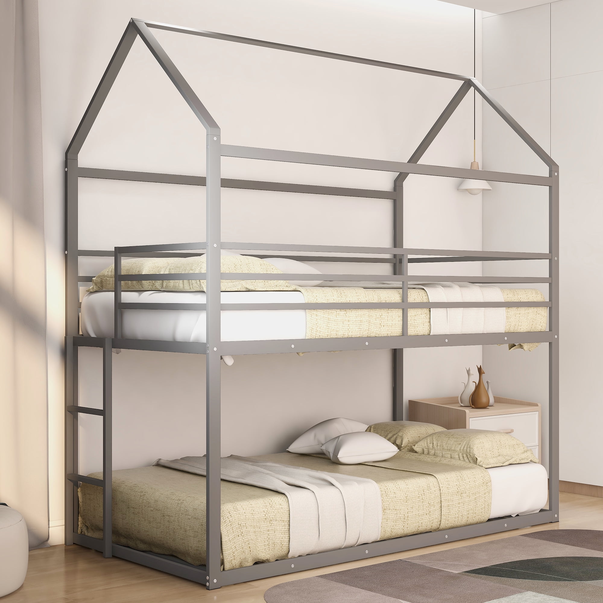 Metal House Bunk Bed Frame for Kids Toddlers, Twin over Twin Bunk Bed