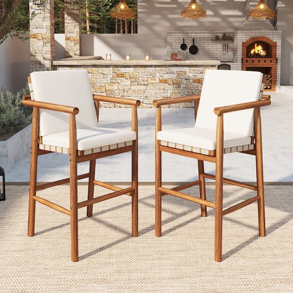 Alvantor Outdoor Bar Set, Wood Bar Chairs Set of 2 with Cushions, Dining Bar Set for Backyard, Poolside, Balcony Nature