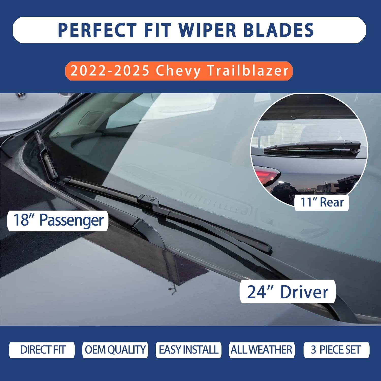 CLEARGO Wiper Blade Kit (Front + Rear) for 2022–2025 Chevy Trailblazer – Driver 24", Passenger 18", Rear 11" – All-Season OEM Quality