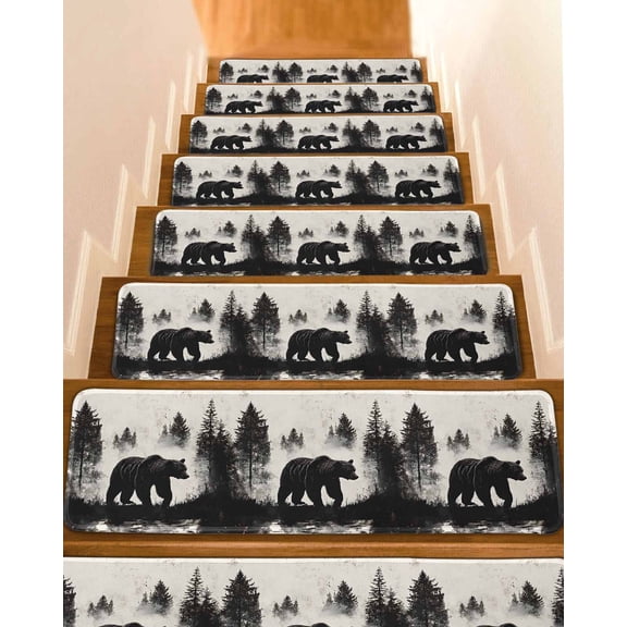 Stair Treads for Wooden Steps, Black Bear Peel and Stick Stair Treads with Reusable Adhesive, Farmhouse Forest Animals Vintage Non Slip Indoor Stairs Runner Rugs Mats for Elders Dogs 8"x30" 7PCS