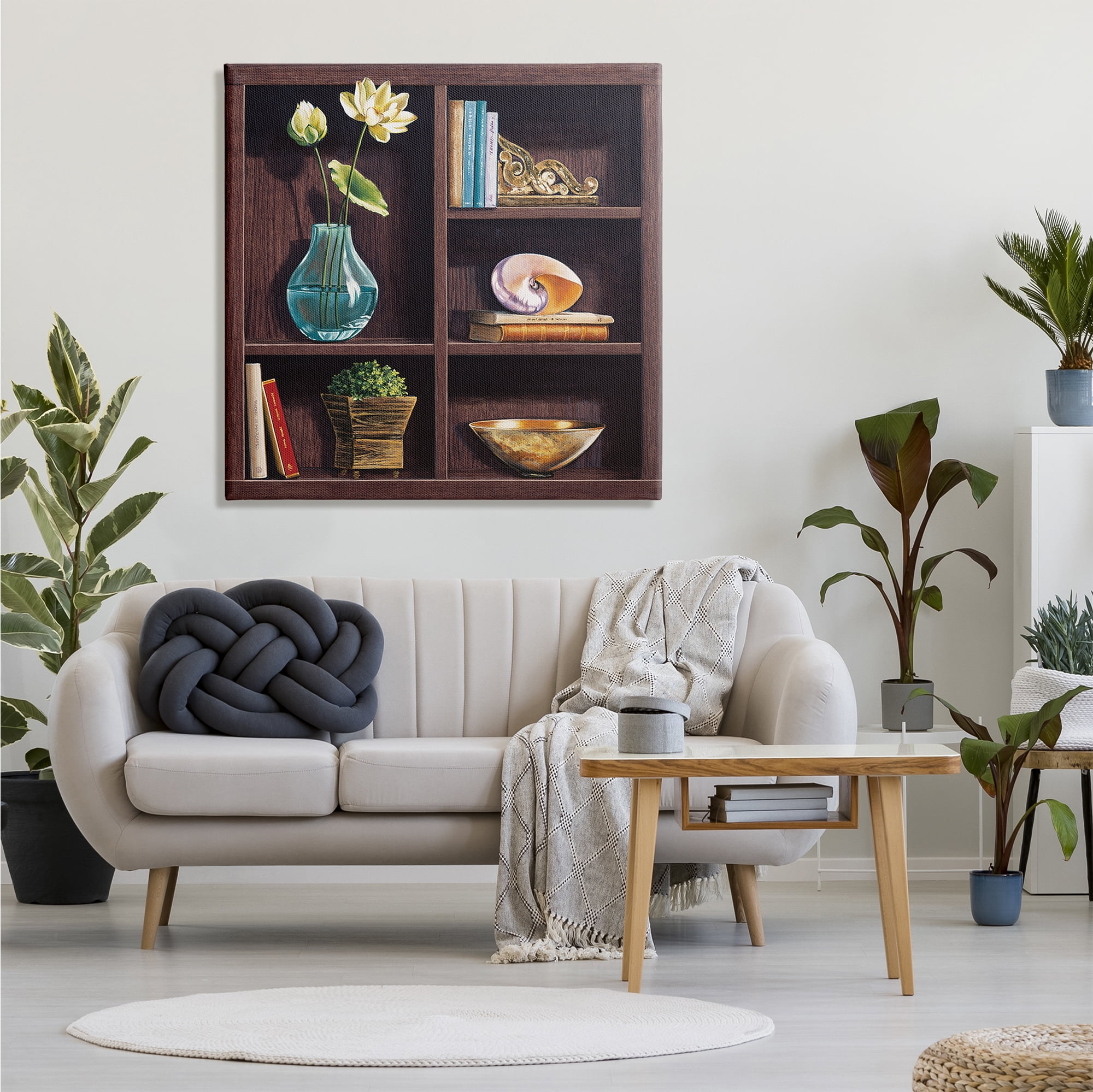 Stupell Industries Elegant Bookshelf Still-Life with Lotus Floral Vase, 36 x 36, Designed by Isabella Rossetti