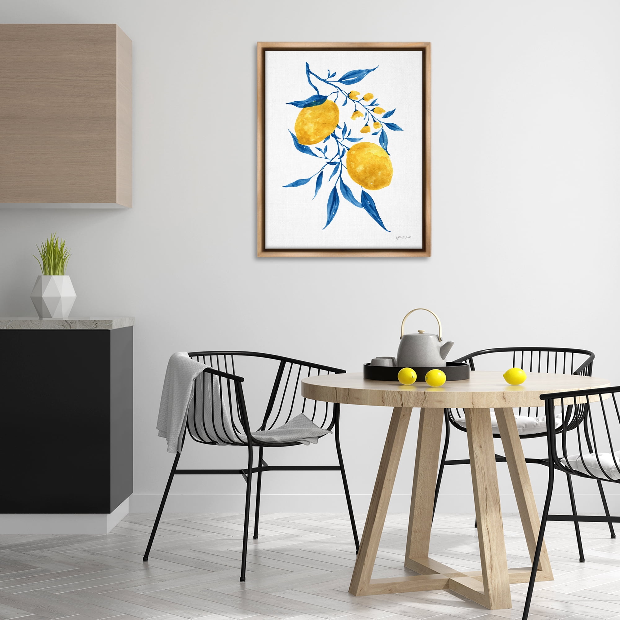 Stupell Industries Lemons with Blue Leaves Food & Beverage Painting Brown Floater Framed Canvas Art Print Wall Art, 25 x 31