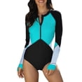 thumbnail image 1 of Women's Blue One Piece Swimsuit Zip Front Long Sleeve Bathing Suit Color Block Surfing Swimwear Size X-Large US 16-18, 1 of 5