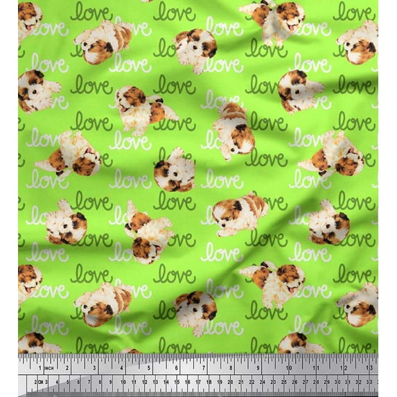 Soimoi Rayon Fabric Love Text & Puppies Dog Print Fabric by Yard 42 Inch Wide