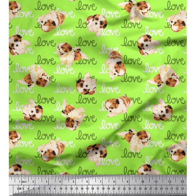 Soimoi Poly Georgette Fabric Love Text & Puppies Dog Printed Craft Fabric by the Yard 52 Inch Wide