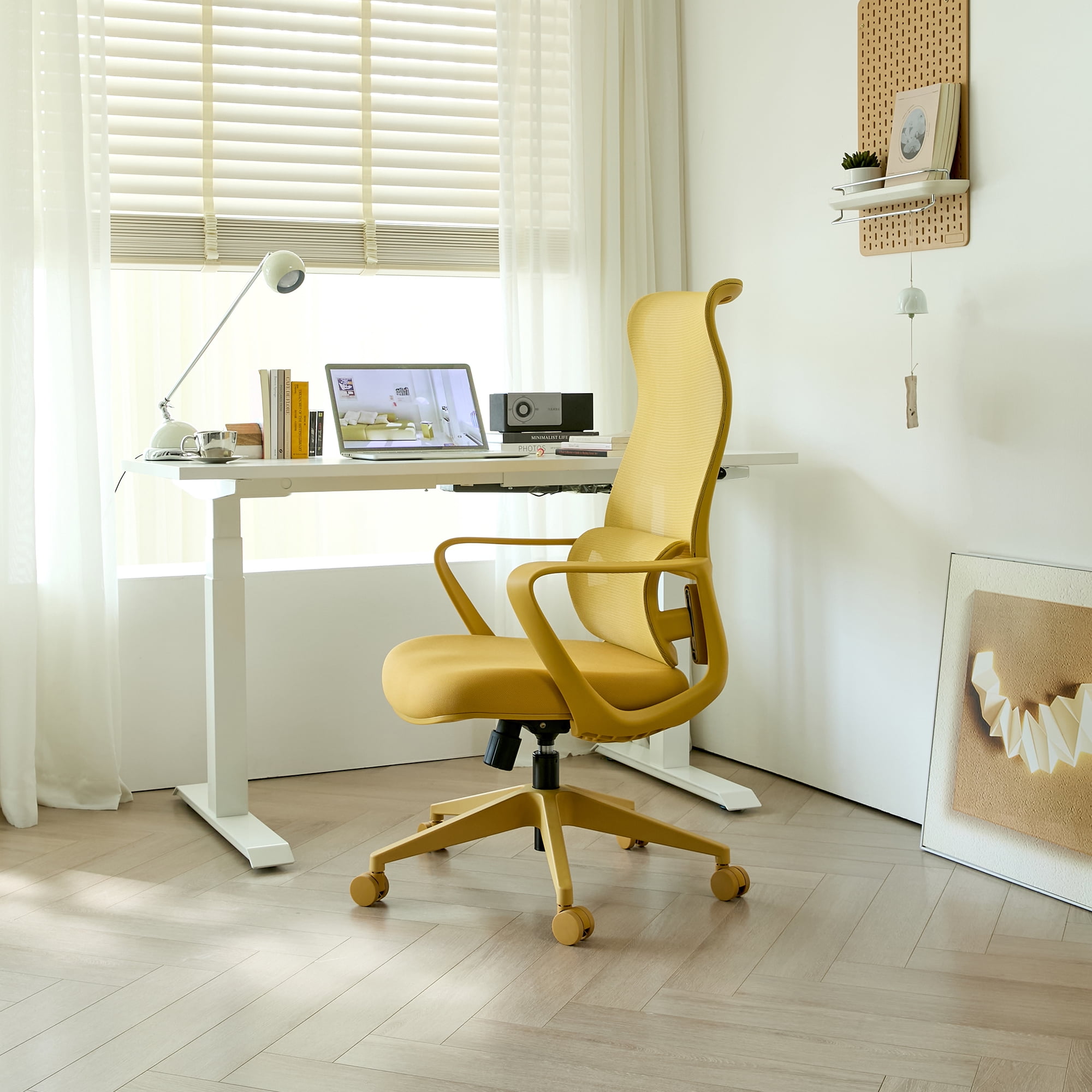 Office Chair, 350LBS Home Mesh Breathable High Back, With Adjustable Lumbar Support Computer Chair, Integrated Molded Foam Seat Cushion, Fireproof (Yellow)