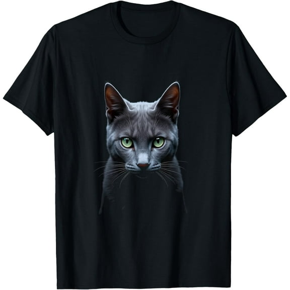 Velto Russian Blue Cat Realistic Face Art Black T-Shirt All Size S-5XL