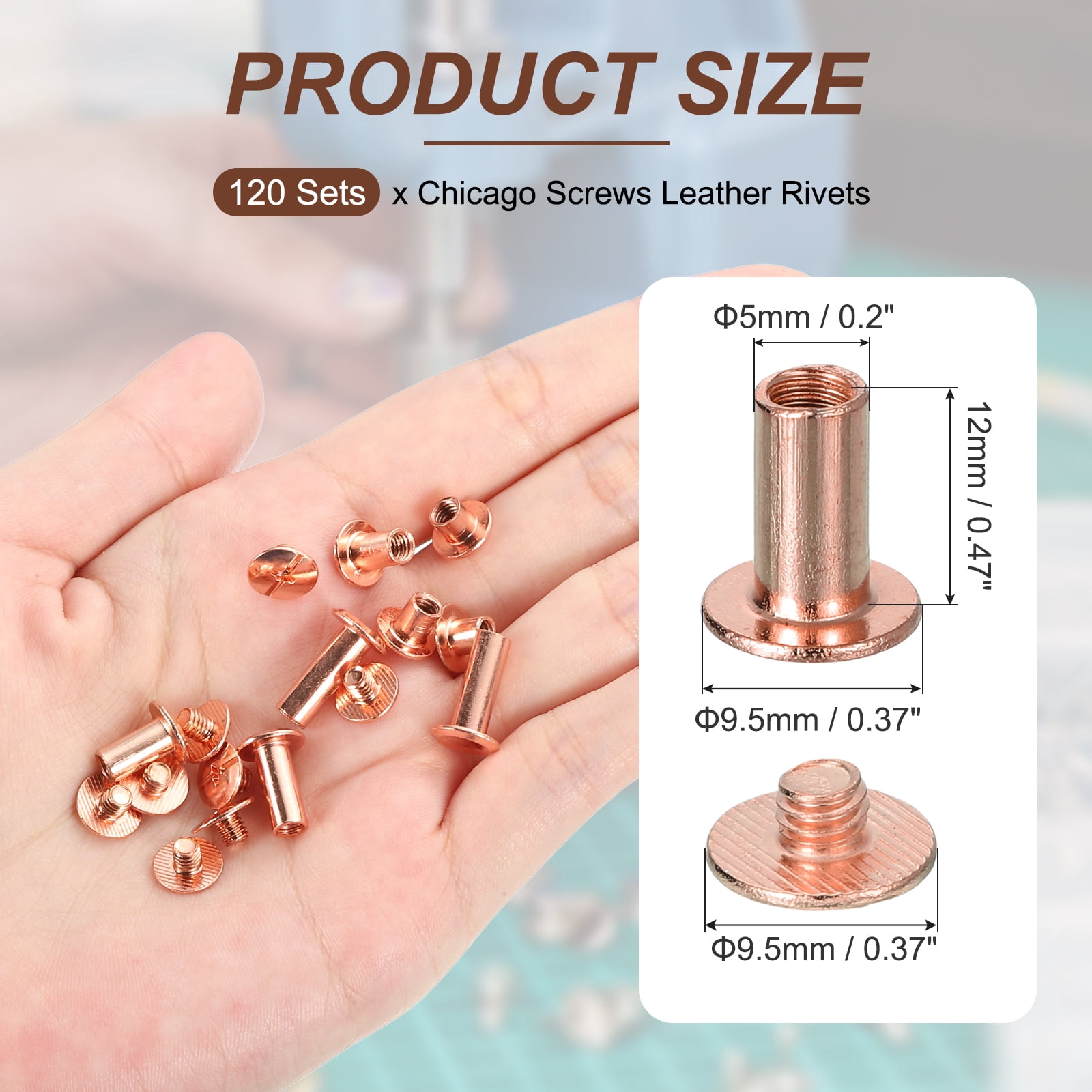 Uxcell 15mm Chicago Screws Leather Rivets, 120 Set Leather Rivets Nail Stud Screws Bolt Assorted Kit for DIY Leather Craft Bookbinding Decorate Repair Belt Bag Clothing, Rose Gold