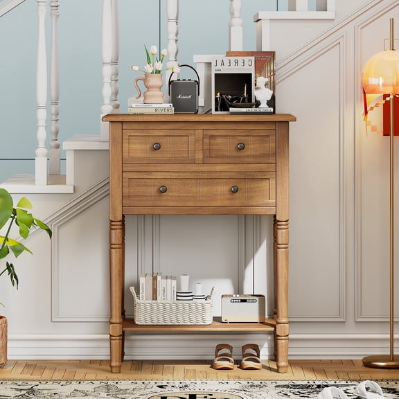 Euroco 23.7" Farmhouse Console Table with 3 Drawers, Narrow Sofa Table, Wood Entryway Table with Bottom Shelf for Living Room, Foyer,Natural