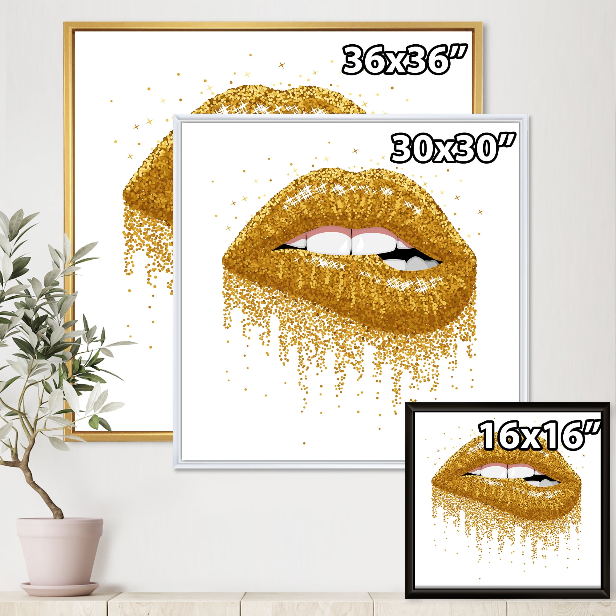 Designart 'Girl Lips With Glitter Gold Sparkles' Modern Framed Canvas Wall Art Print