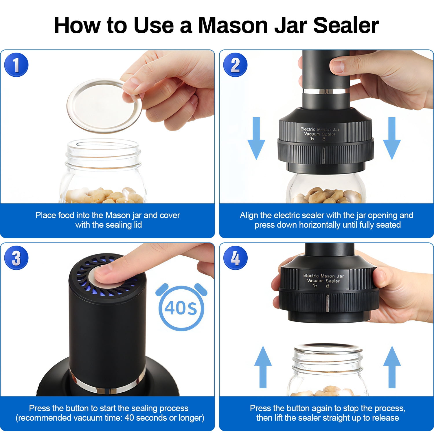 Electric Mason Jar Vacuum Sealer, 4 in 1 Vacuum Sealer Kit for Wide-Mouth & Regular-Mouth Mason Jars, Automatic Jar Sealer Stop for Food Storage Bags, Wine Bottles,Kitchen Tools