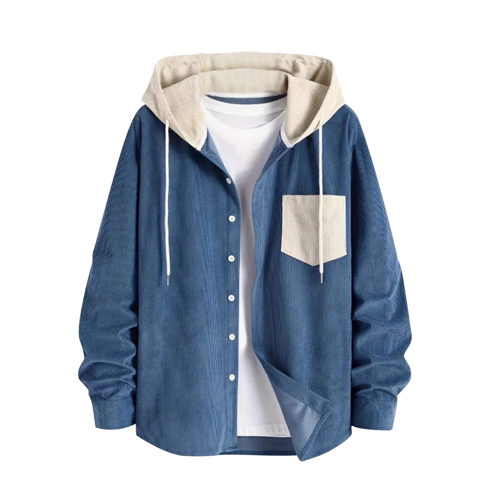 Zpanxa Men's Utility Jacket with Adjustable Drawstring Hood Button Front Closure and Multiple Pockets for All-Season Urban Outdoor Wear in Solid Color Blue L