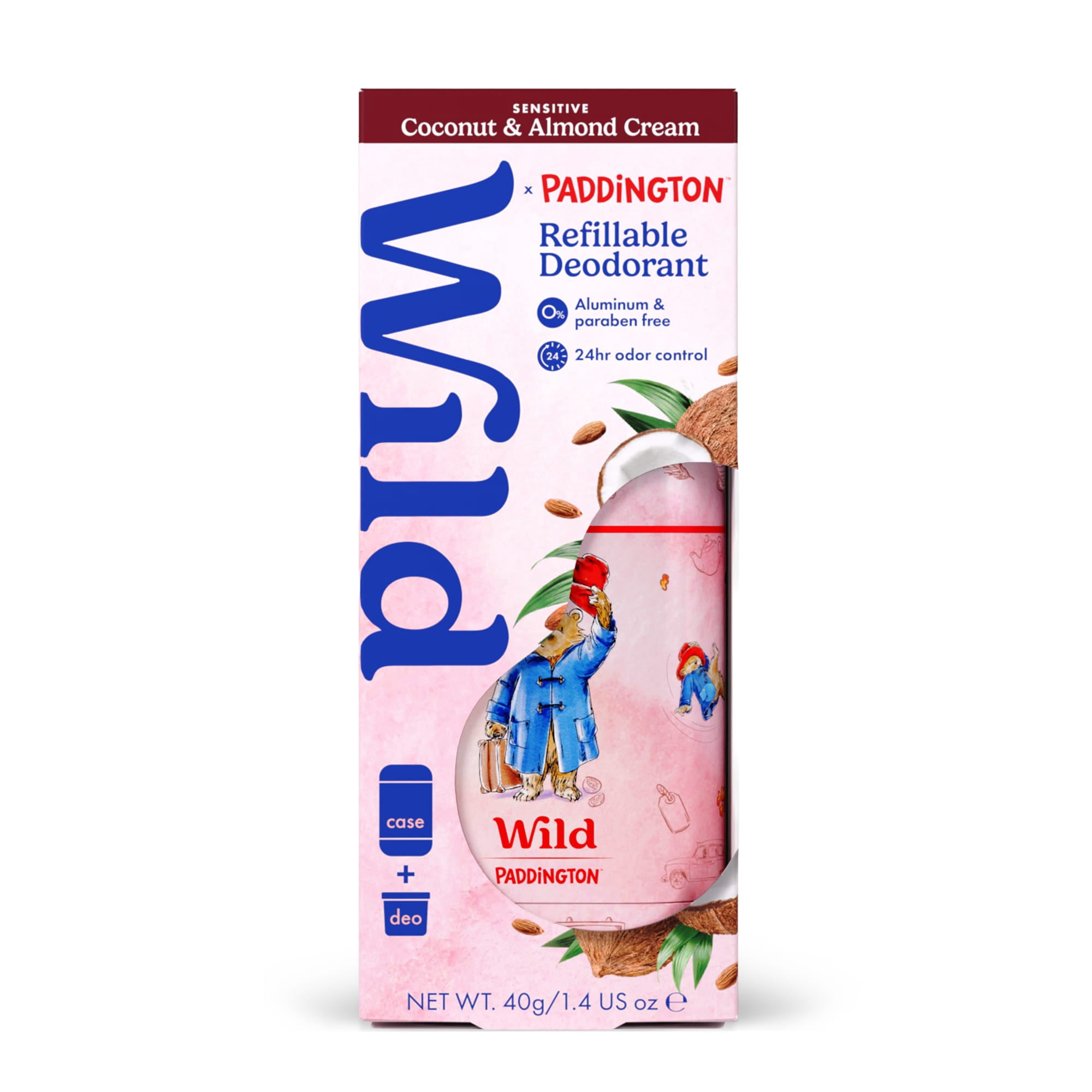 Wild Refillable Deodorant Starter Pack – Aluminum Free. Paddington Case + Coconut & Almond Cream Sensitive Refill, for Women and Men, 1.4oz