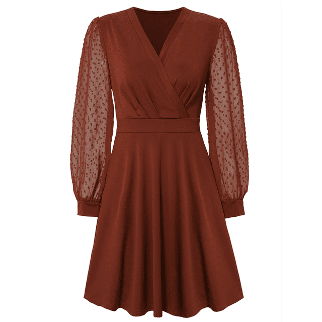 Vestido Corto Fruncido con Escote en V para Mujer Color Caramelo M