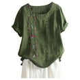 thumbnail image 1 of 2025 T-Shirts Rétro en Lin Spandex pour Femmes Broderie Ample Manches Courtes Col Roulé Décontracté, 1 of 3