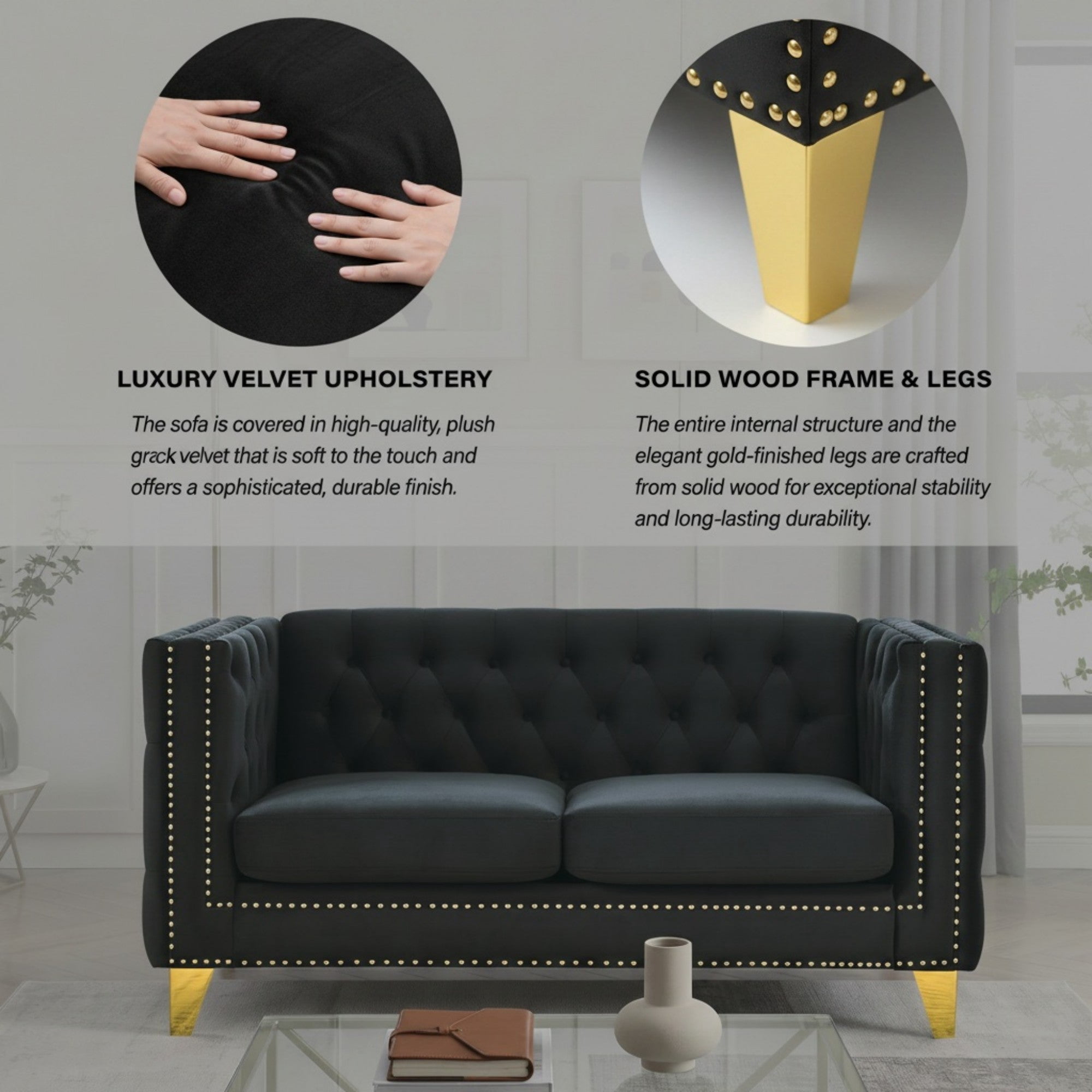 Sailvan 82" Velvet Chesterfield Sofa, Tufted Button Couch with Gold Metal Legs & Nailhead Trim, Modern 2-Seater with Unique Charm Loop Black