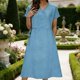 thumbnail image 1 of TaTaai Women's Spring Summer Linen Dress V Neck Short Sleeve with Cinched Waist Solid Color Casual Loose Fit Ankle Length Gift, 1 of 9
