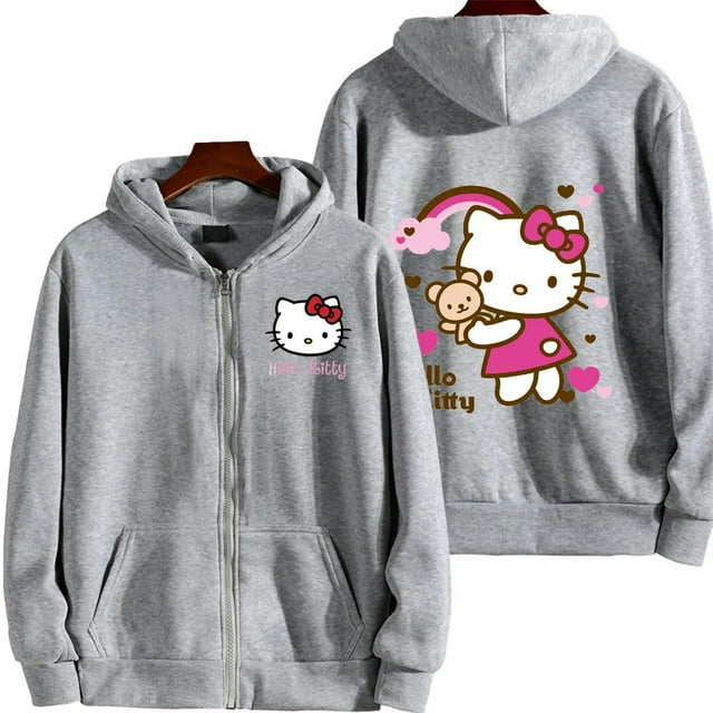 Women's Zipper Hoodie Autumn Winter Cute Kawaii Sanrio Hello Kitty Pattern Sweatshirt