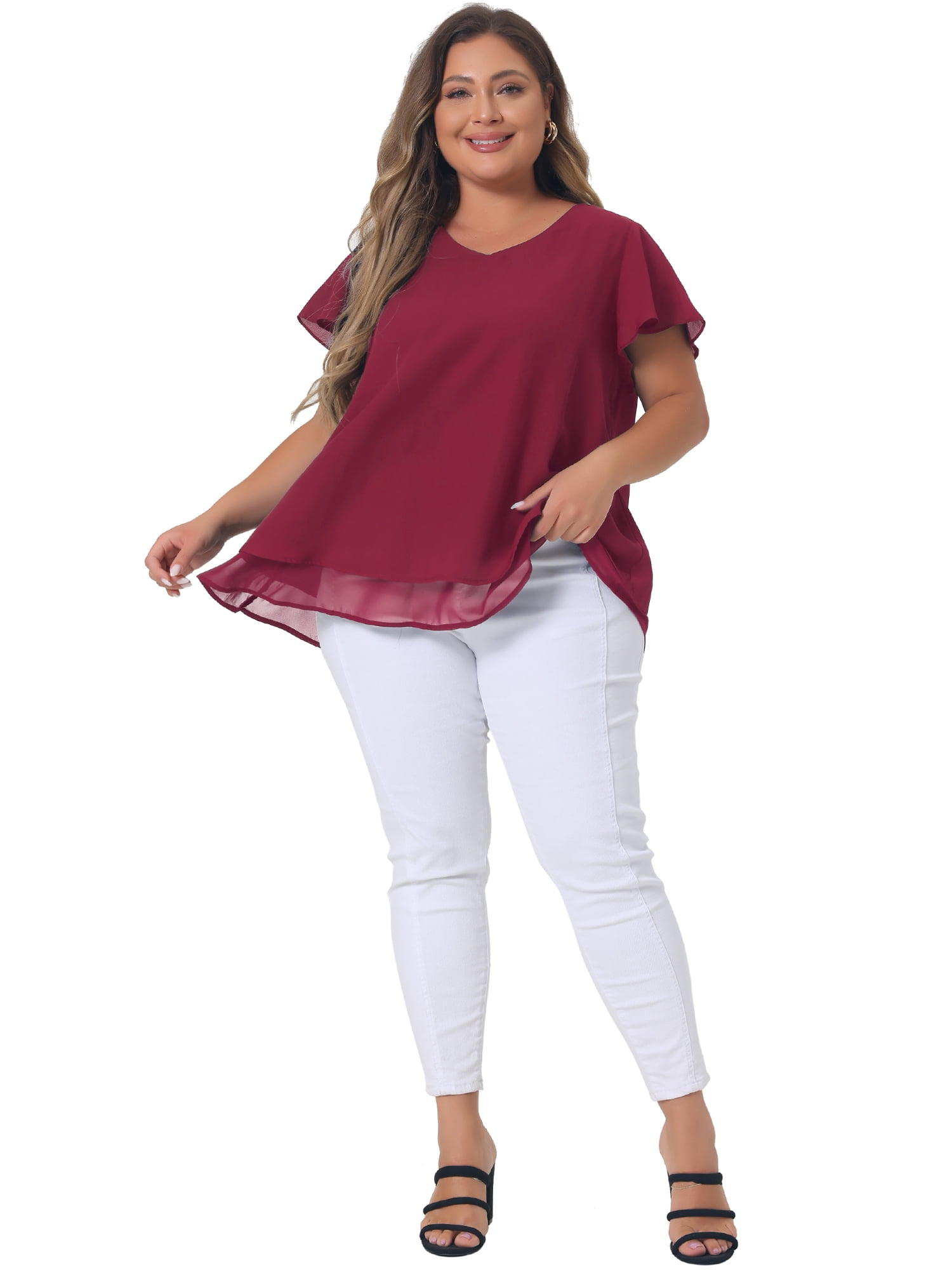 DARING DIVA Women's Plus Size Ruffle Short Sleeve V Neck Chiffon Blouse 2X Burgundy