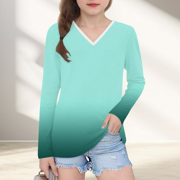 Piuwrlz Girls Long Sleeve T-Shirt Kids Cotton Shirts Printed V-neck V-neck T Shirt Tops Mint Green Size 3 Years