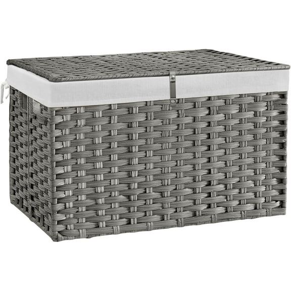 180L Wicker Storage Basket with Lid, Handwoven Rattan Large Shelf Basket with Removable Liner, 47.6 Gallon Wicker Basket for Blanket, Storage Trunk with Handle for Closet, Bedroom, Livingroom, Grey