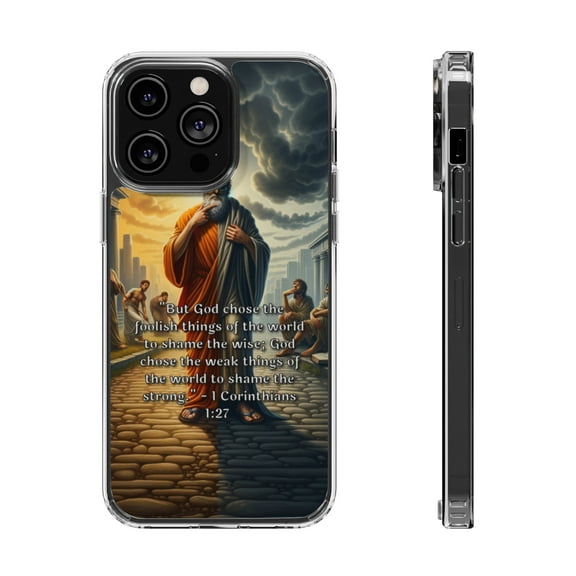 DistinctInk Hybrid (Acrylic / TPU) Clear Slim Fit Case for Apple iPhone 14 PLUS (6.7" Screen) - "Biblical Reflection: 1 Corinthians 1:27 - The Triumph of God's Wisdom"