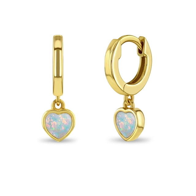 925 Sterling Silver Gold Flashed Simulated Opal Heart Dangle Hoop Girl Earrings