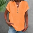 thumbnail image 2 of Women's Side Slit V-Neck Top Button Detail Short Sleeve Modern Casual Tee Orange L, 2 of 9